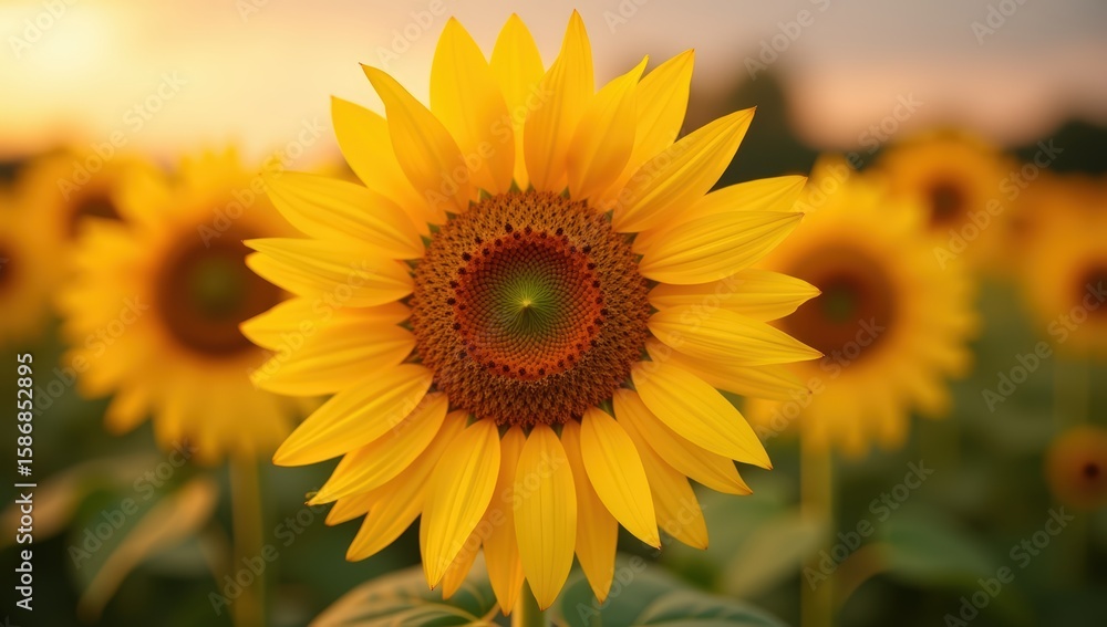 Fototapeta premium Close-up of a large yellow sunflower in a field with blurred sunflowers in the background at sunset, symbolizing nature's beauty and summer.