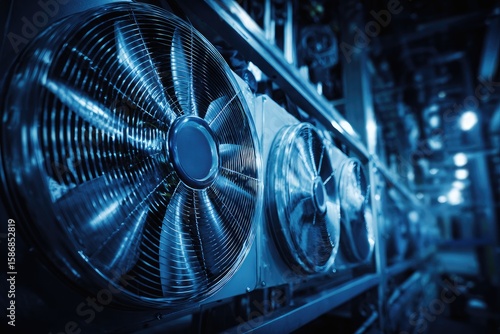 Data center cooling fans, server room, industrial background, energy efficiency