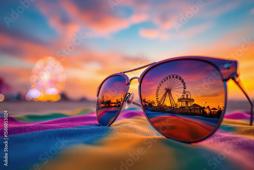 Wallpaper Mural Sunglasses resting on a colorful striped towel on a beach, reflecting a Ferris wheel and a vibrant sunset, symbolizing summer fun and leisure. Torontodigital.ca