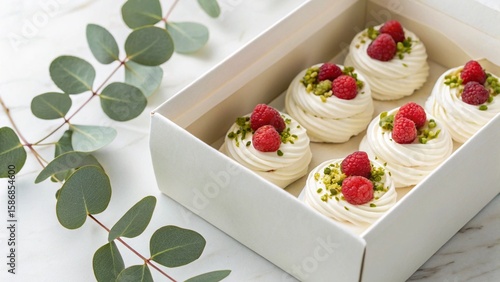 A sextet of delightful Pavlova desserts, featuring fluffy meringue bases, rich creamy tops, and a colorful garnish of red berries and green nuts