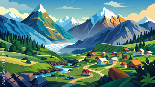 Langtang Valley, Bagmati Province, Nepal – Meadows and glaciers beneath jagged peaks host yak caravans. The peaceful trails and snowy skyline make this a poetic and meditative vector location.