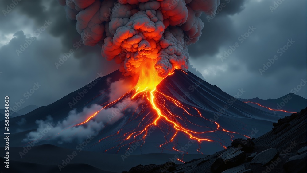 Fototapeta premium Dramatic volcanic eruption with molten lava flowing down the slopes and a large ash cloud in the dark sky.