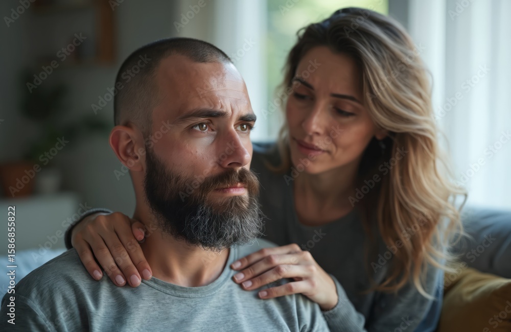 Fototapeta premium Woman comforts man with anxiety and depression. Couple shows care and concern touching shoulder at home. Emotional support for mental health problem, sadness, and unhappy relationship.