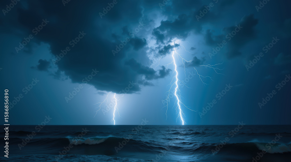 Obraz premium Dramatic lightning strikes over a stormy ocean with dark clouds, symbolizing power, danger, and intense weather.