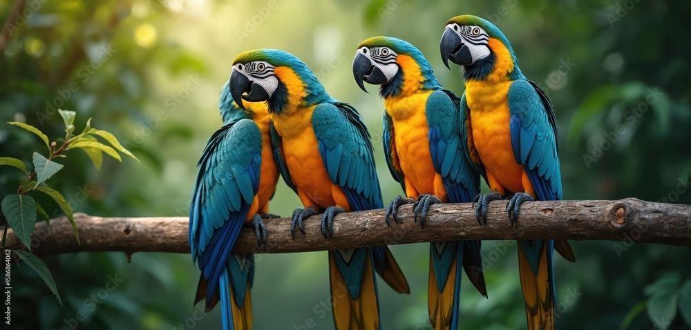 Obraz premium Three colorful blue, yellow macaws perch on tree branch in green forest. Vibrant plumage, featuring bright blue wings, yellow chests, stands out against natural background. Exotic birds symbolize