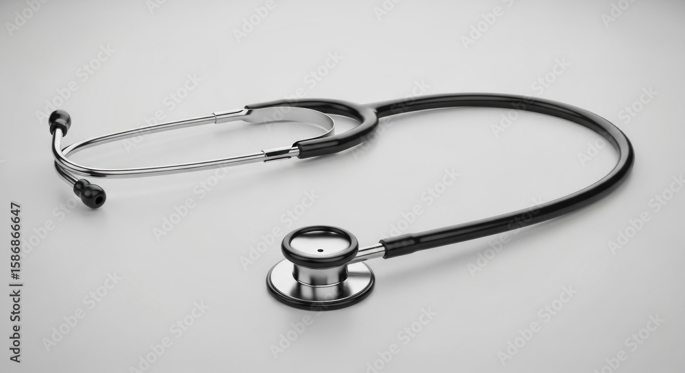 A black stethoscope lies on a white surface, ready for use. A black stethoscope lies on a white surface, ready for use.