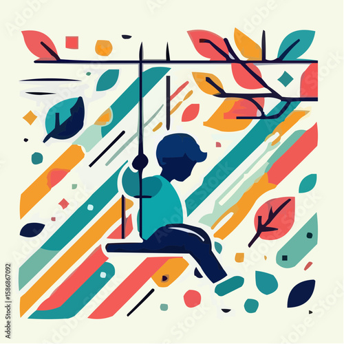 Child swinging on a swing in a colorful abstract background concept of Kids went to school  