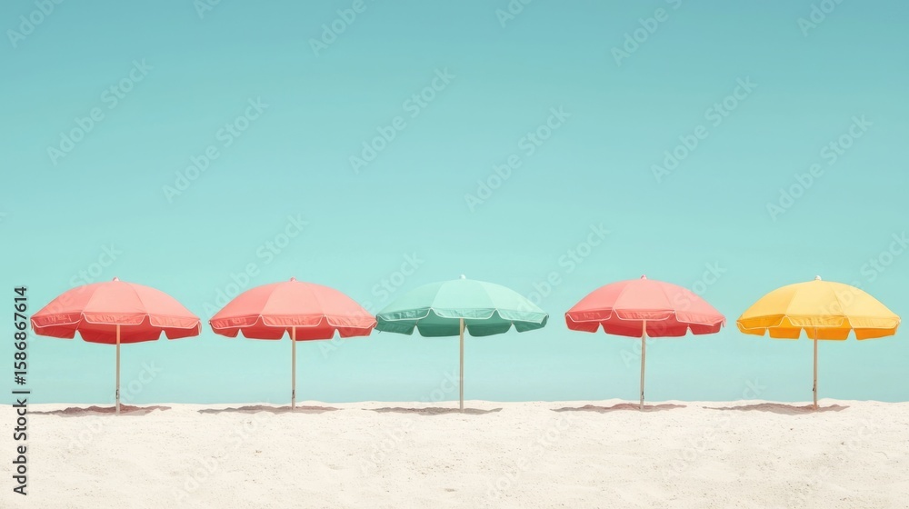 Vibrant colorful beach umbrellas dotting a sandy tropical shoreline under a clear azure blue sky A serene and peaceful coastal landscape scene ideal for vacation travel or relaxation concepts Vibrant colorful beach umbrellas dotting a sandy tropical shoreline under a clear azure blue sky A serene and peaceful coastal landscape scene ideal for vacation travel or relaxation concepts