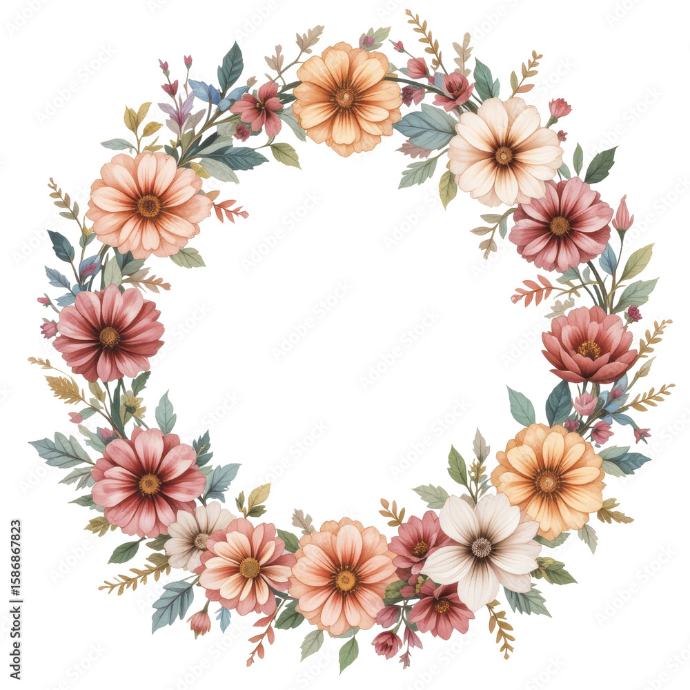 Obraz premium Floral Wreath Design, Nature Inspired, Botanical Art, Digital Illustration, Creative Environment, Aesthetic Concept
