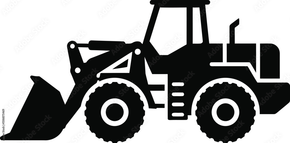 Fototapeta premium Black silhouette illustration of a front loader, heavy machinery, construction equipment.