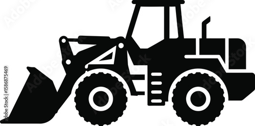 Black silhouette illustration of a front loader, heavy machinery, construction equipment.