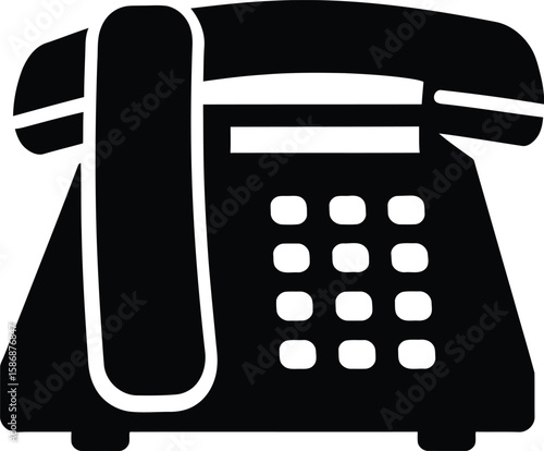 Black silhouette of a classic desk telephone with a handset on the side and a keypad for dialing.