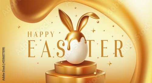 Luxury happy Easter card, banner, poster, greeting card, header web, hunt celebration design. Happy easter eggs banner background card. Template with golden eggs. Elegant easter. Realistic golden egg