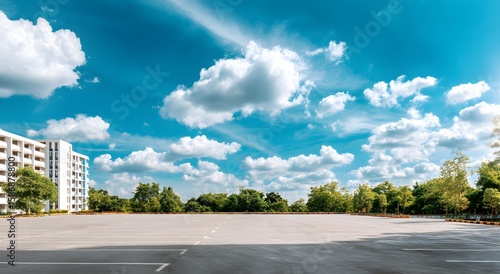 Empty parking lot under a partly cloudy sky with trees and a building in the background.