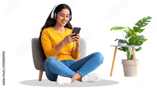 Relaxed Woman Enjoying Music on Smartphone