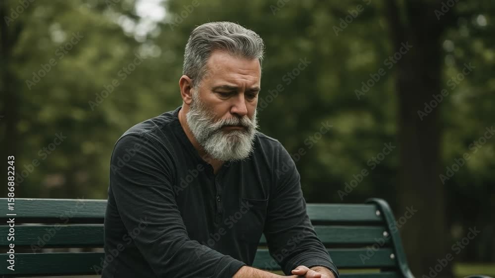 Pensive older Caucasian man with a grey beard looking down thoughtfully. Experiencing sadness, stress, or depression while sitting alone on a park bench. Pensive older Caucasian man with a grey beard looking down thoughtfully. Experiencing sadness, stress, or depression while sitting alone on a park bench.