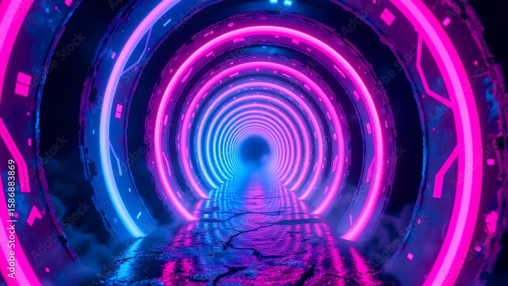 Fototapeta premium A futuristic tunnel glowing with vibrant pink and blue neon lights, featuring a reflective cracked floor.