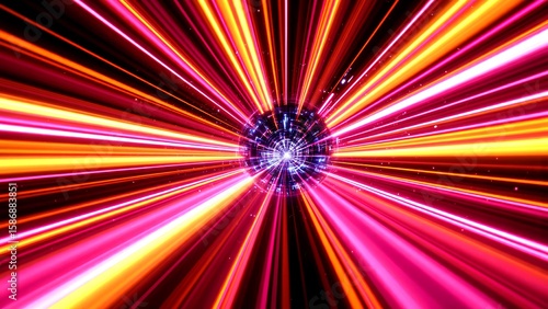 Wallpaper Mural A vibrant, radial burst of neon light beams in pink, orange, and yellow converging toward a glowing circular center on a dark background. Torontodigital.ca