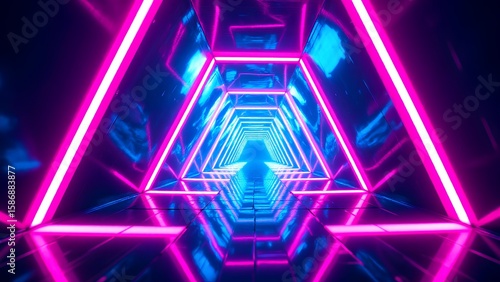 A futuristic neon-lit tunnel with glowing pink and blue hexagonal shapes, creating a reflective, symmetrical, and immersive digital corridor.