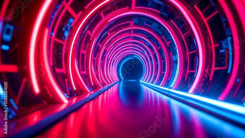 A futuristic tunnel illuminated with vibrant pink and blue neon lights creating a glowing, high-tech corridor.