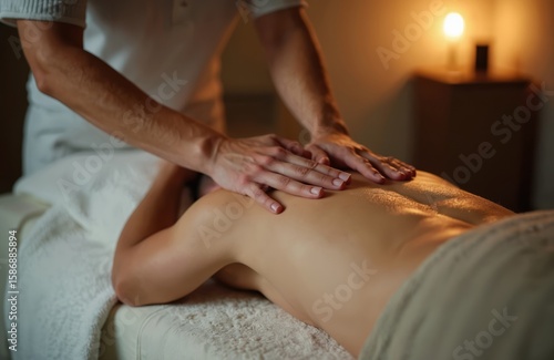 Wallpaper Mural Relaxed man receiving pro back massage in dimly lit spa salon. Masseuse hands apply oil for smooth glide, promoting deep relaxation and muscle relief. Focus on body wellness and rejuvenation. Torontodigital.ca