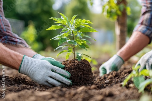 Planting sapling, garden teamwork, sunny day, background greenery,  environmental conservation