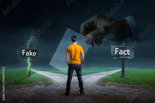 Surreal scene of decision-making under fake news influence, young man facing truth or lie path, political symbolism