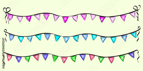 Set of colorful "Happy Birthday" bunting banners in hand-drawn style. Three color variations with ribbons, perfect for party designs and kids templates.