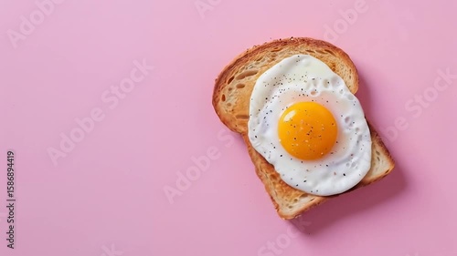 A perfectly toasted bread slice topped with a fried egg is presented against a smooth pink backdrop table, offering a simple yet appetizing view of a light breakfast.