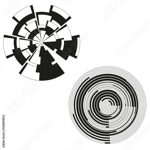 Abstract spirals Vector. Distorted circle forms. Dynamic motion graphic. Black white elements.