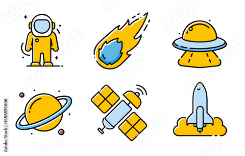 Colorful Space Icons Set with Astronaut, Rocket, Planet, Satellite, UFO and Meteor in Cartoon Style.