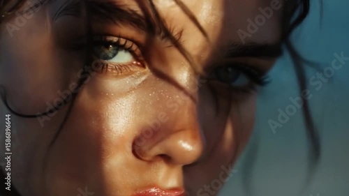 Sensual gaze of a young woman with dramatic lighting, evoking mystery and allure, perfect for fashion and beauty concepts. Closeup female seduction of a girl