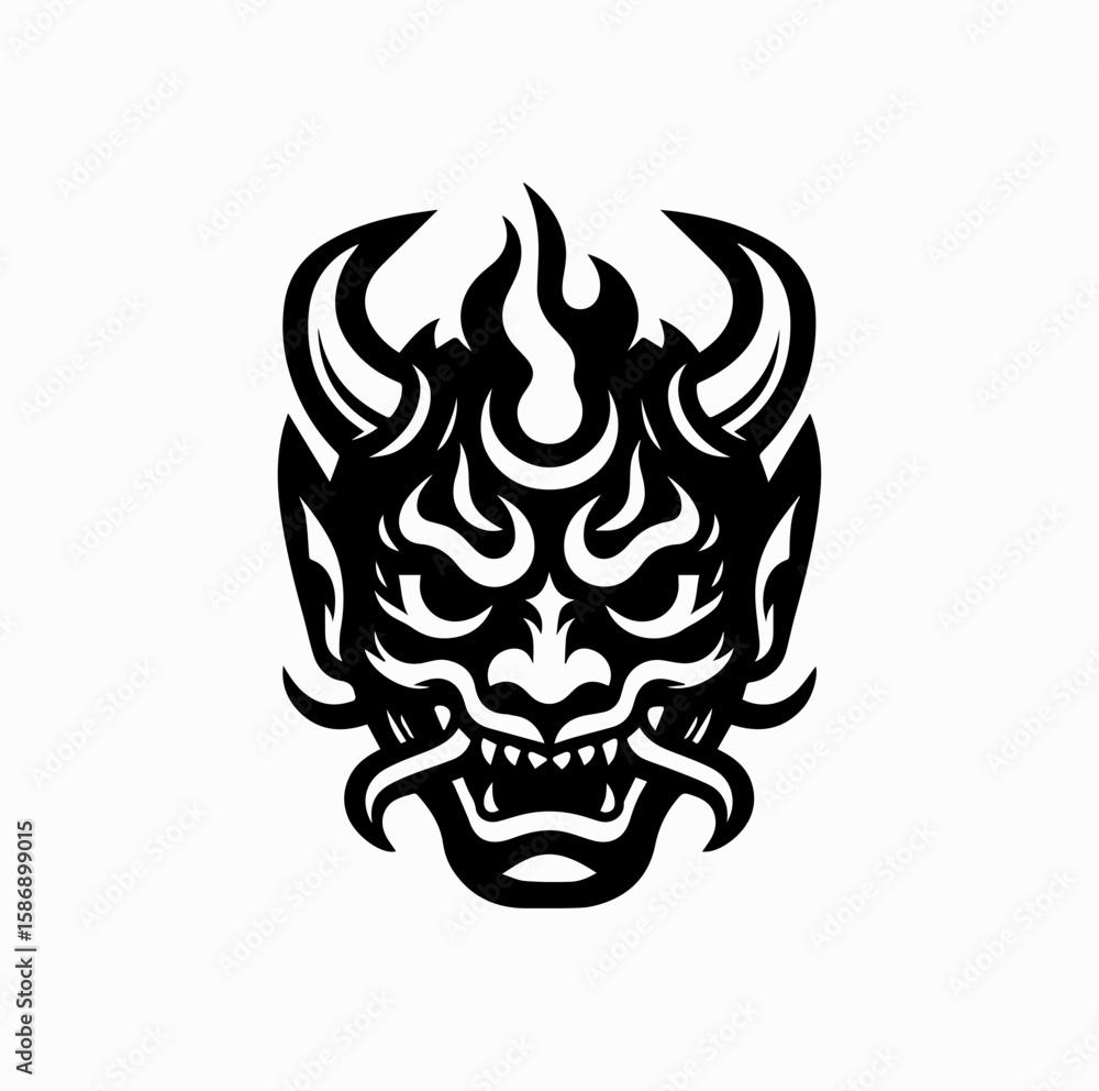 Obraz premium Vector Silhouette Logo of Oni Demon Mask – Japanese Mythology Symbol