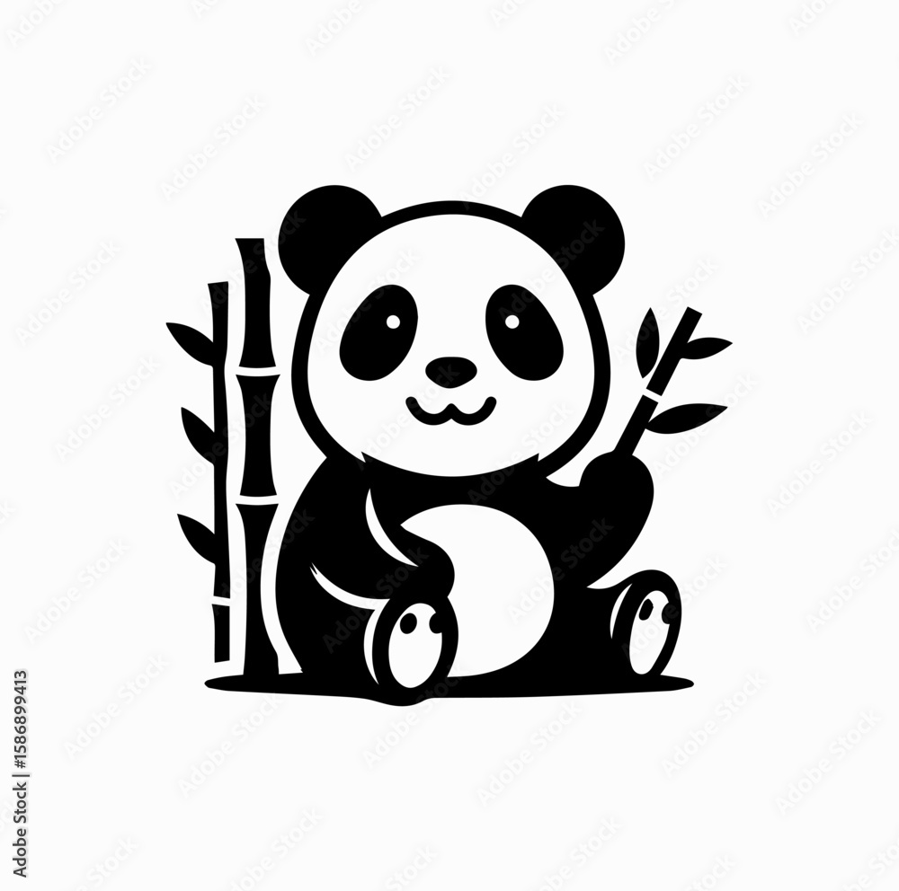 Obraz premium Black Vector Logo of Happy Panda Sitting and Eating Bamboo — Cute Animal Mascot for Kids or Eco-Friendly Branding