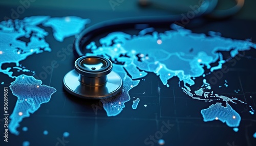 Fototapeta Naklejka Na Ścianę i Meble -  Stethoscope rests on glowing digital world map global healthcare connectivity. Medical instrument on abstract blue earth graphic suggests international medicine, telemedicine, digital health networks.