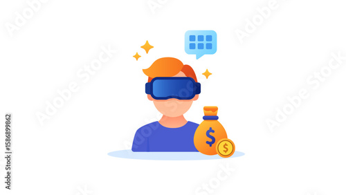 Glossy VR user icon with money bag and sparkles, ideal for virtual reality business, metaverse economy, and digital finance concepts