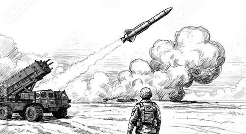 A ballistic missile launch with a soldier in the foreground, seen from the back, sketch, engraving on a white background 

