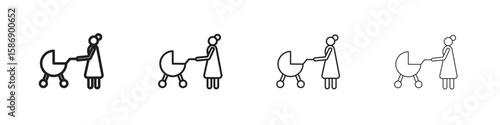 Woman with Baby Stroller icon simple black vectors pack. Design infographic element