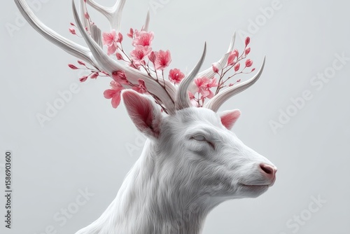 Elegant white deer head adorned with delicate pink blossoms.