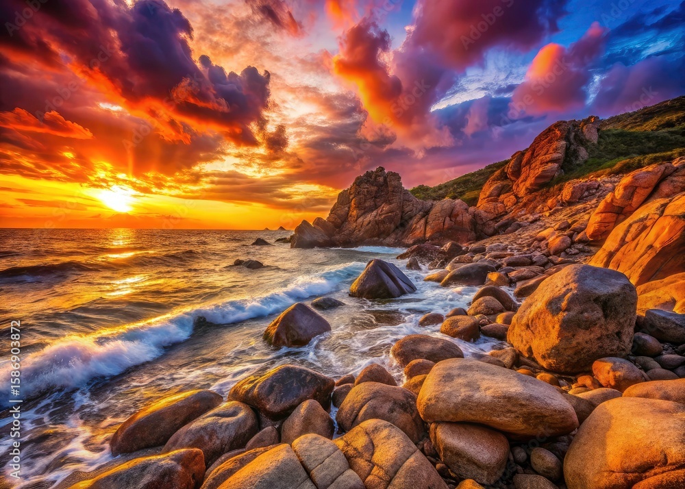 Obraz premium Low light captures Sardinia's rugged coast at sunset; a vibrant Mediterranean sky ablaze.