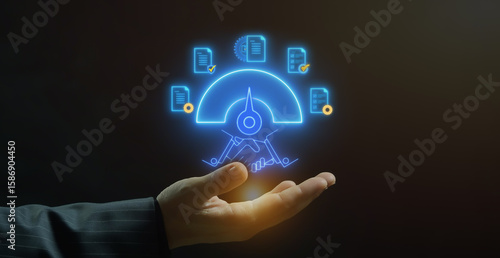 Wallpaper Mural Procurement Management Industry for B2B, supply chain and retail logistics concept. Businessman shows digital handshake and business contract icons on virtual screen. Torontodigital.ca