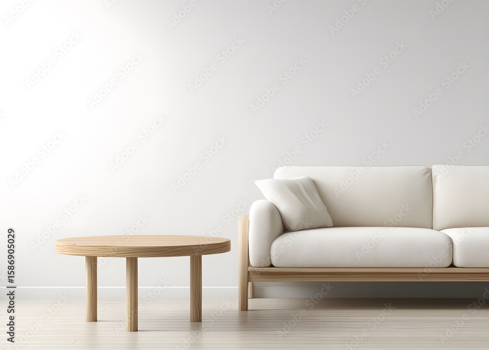 Fototapeta premium Light-colored wooden coffee table and sofa in a minimalist living room.