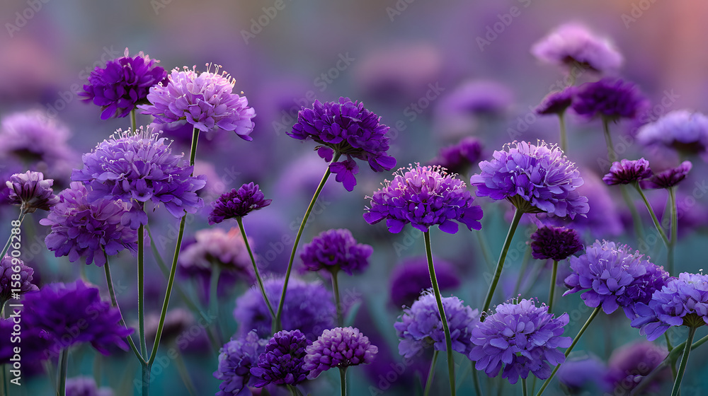 Obraz premium Vibrant purple flower field with blurred background and soft bokeh effects in a natural setting Copy Space