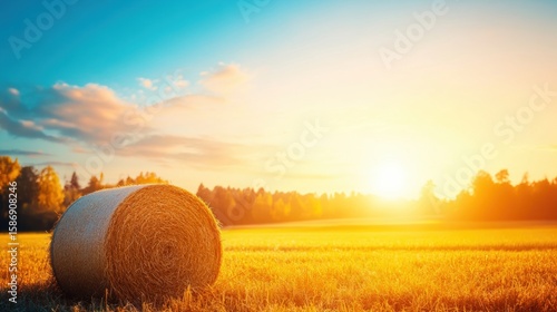 Golden sunset over a hay bale in a tranquil field during late afternoon