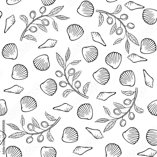 Seamless vector pattern with hand drawn seashells and olive branches. Ocean, summer, vacation, beach, coastal vibes for fabric, wallpaper, packaging, and summer-themed products