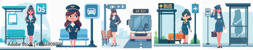 vector character of a flight attendant waiting at a bus stop