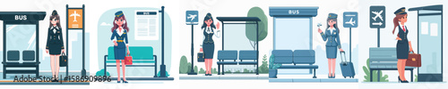 vector character of a flight attendant waiting at a bus stop