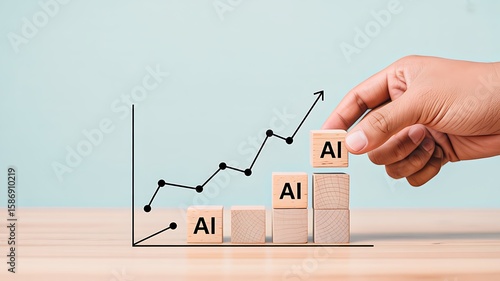 Artificial intelligence growth concept with wooden blocks and hand building success graph
