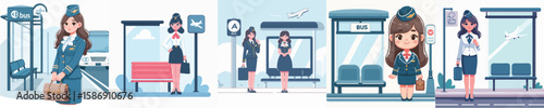 vector character of a flight attendant waiting at a bus stop
