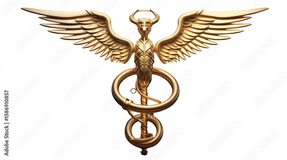 Golden caduceus symbol featuring wings and entwined snakes against a black background in intricate detail Golden caduceus symbol featuring wings and entwined snakes against a black background in intricate detail